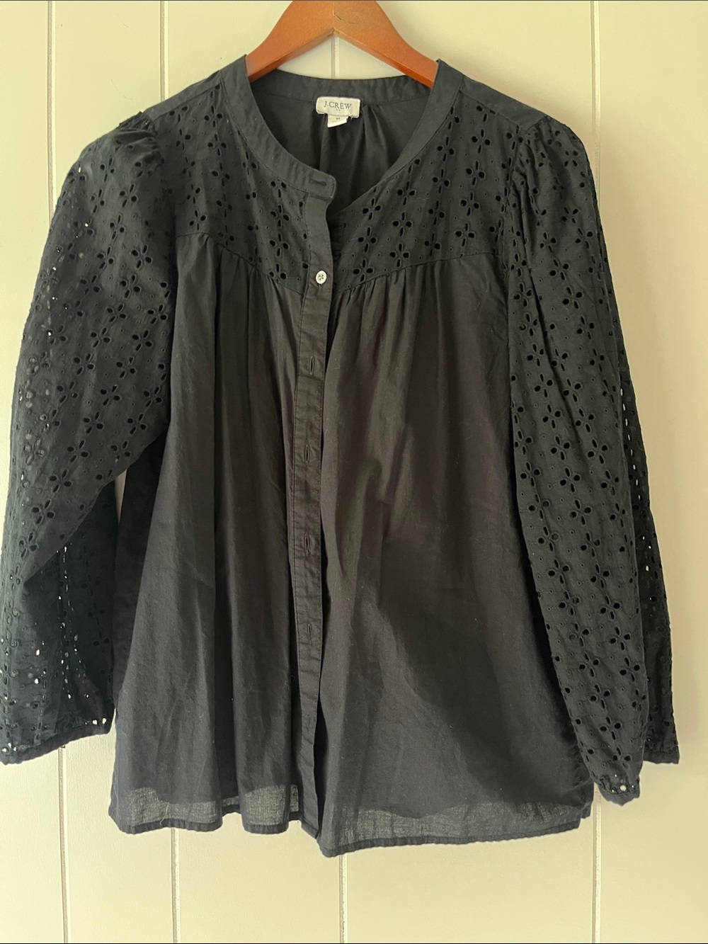 J. Crew Black Eyelet Sleeve Cotton Button-Up Blouse